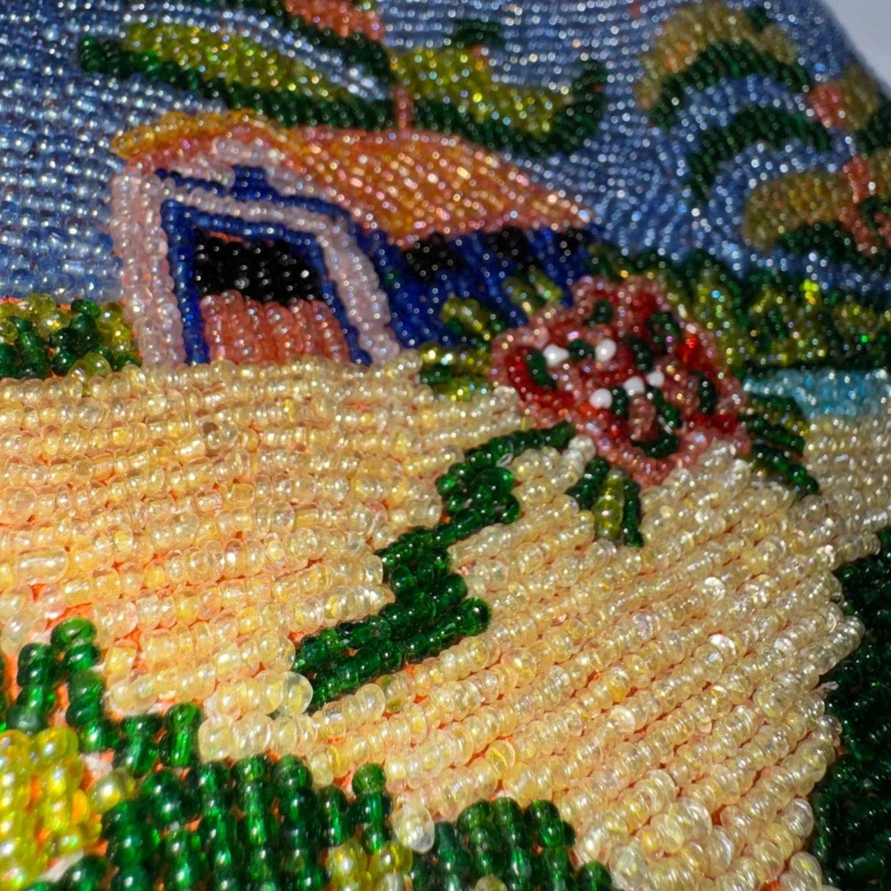Vintage Tropical Beaded Crossbody Bag Orange Palm Tree Beach Scene Small Purse